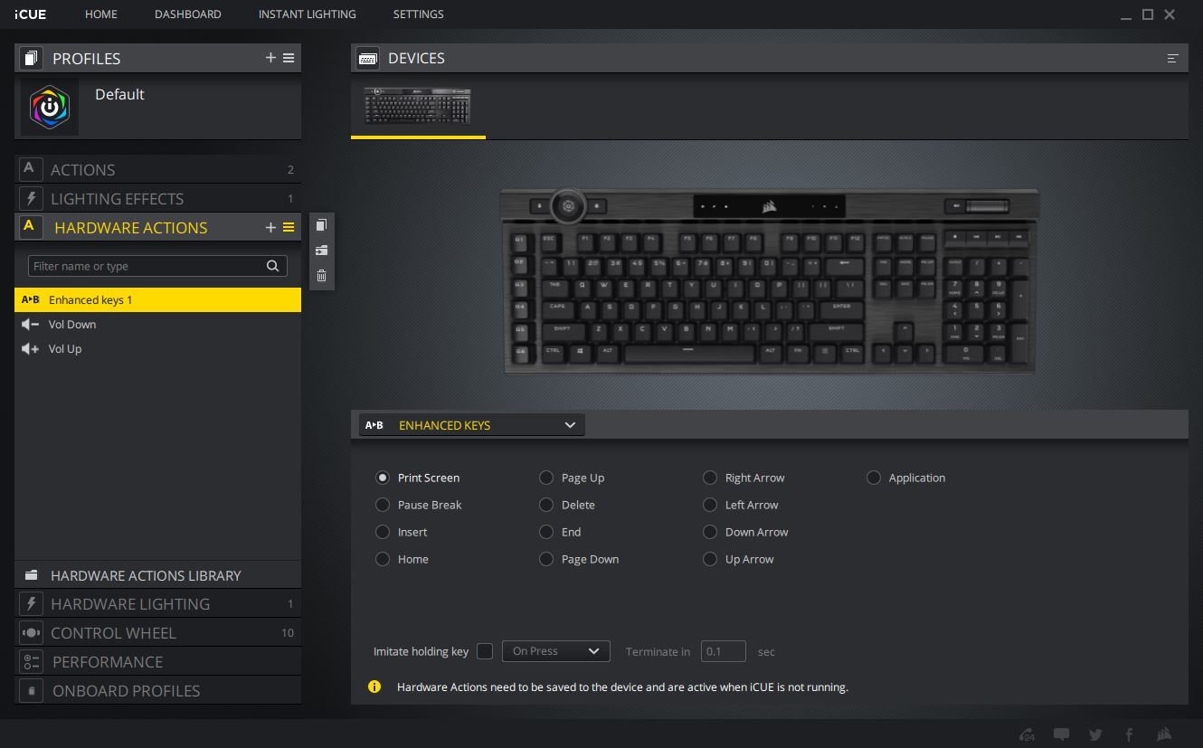 Screenshot of Corsair K100 RGB Gaming Keyboard Software