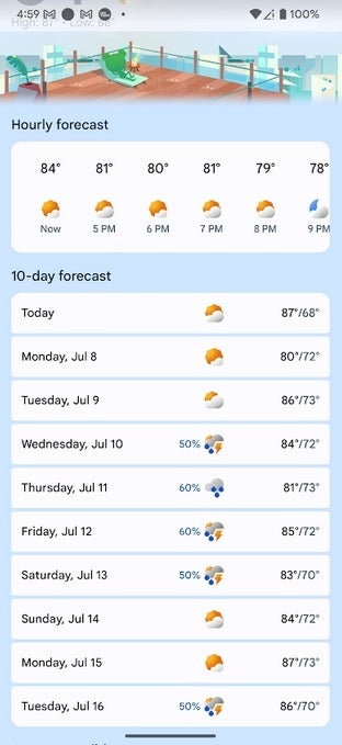 The 10 day Google Weather forecast now includes the date for each of the days following the current date|Image credit-PhoneArena - Google Weather improves its ten-day forecast