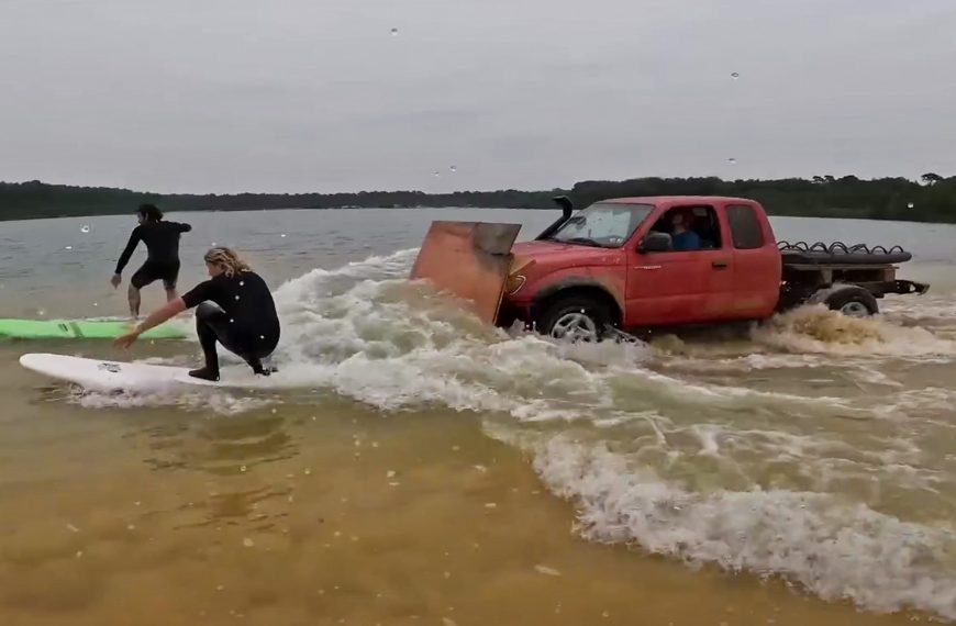 Surfers Turned an Old Toyota Tacoma Into a Wave Machine Using a Wooden Plow