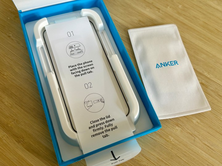 Anker iPhone 15 Pro screen protector box with unused tray.